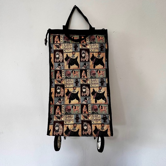 Rolling Shopper Tote Scottie Dog Tapestry Print Folding Storage - Picture 1 of 4
